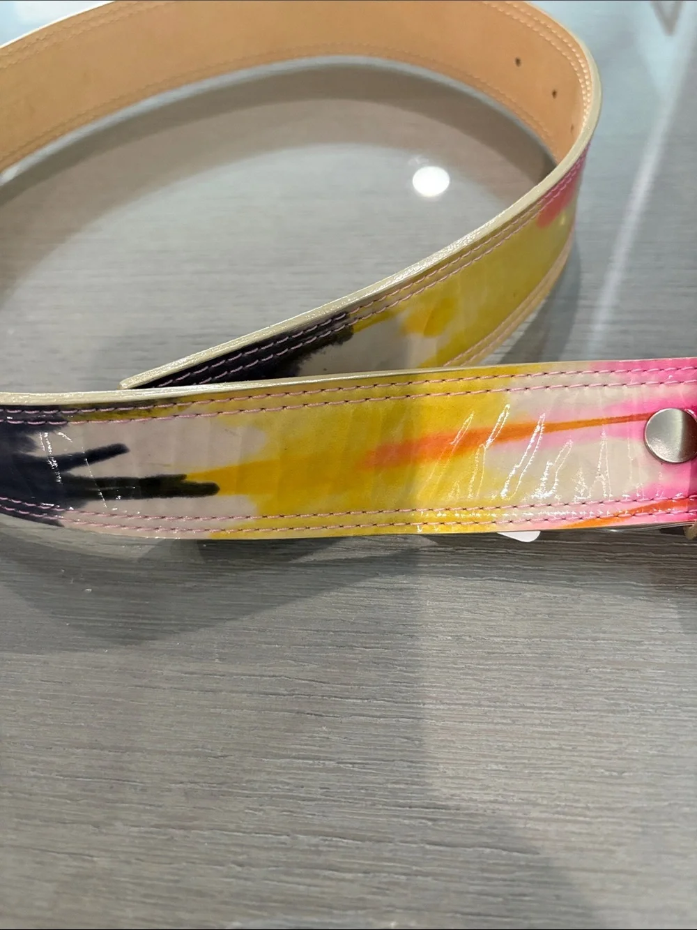 Sweetees Multicolor Patent Leather Belt with Silver Peace Sign Buckle